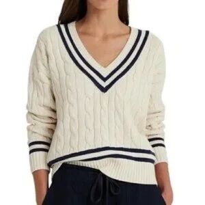 Polo Ralph Lauren Off White Navy V Neck Cable Knit Cricket Tennis Sweater